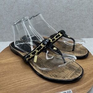 Coach Thong Sandals Size 8B Black Patent Gold Chain hang tag Cork Preppy Chic